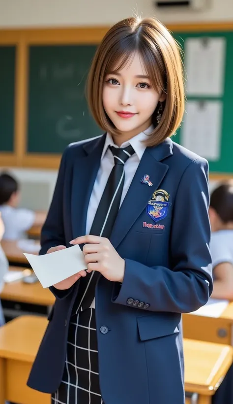 12K、hdr、 bit depth 10bit with old clothes、The model is a high school student.、 wearing a school uniform、 blazer uniform、 in the classroom、 blackboard with Toe、 Random Hairstyles 、 with a smile、An image showing the model's full body:1.5、An image showing man...