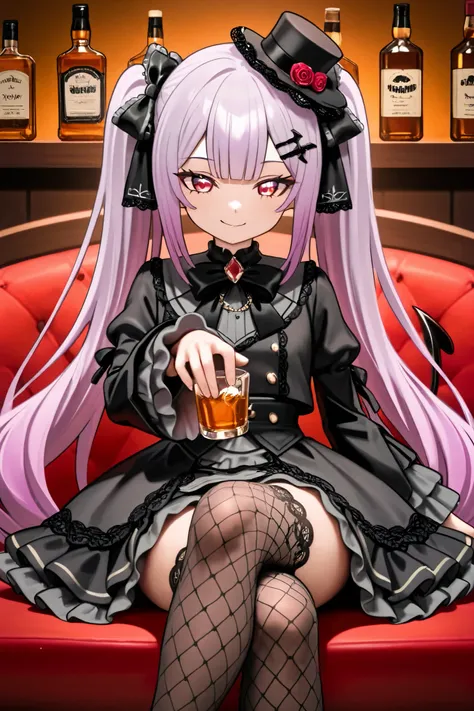 "best quality, in 8K resolution, rich contrast, sharp focus. Anime-style gothic lolita character with lavender hair styled in long straight twin-tails flowing down her back, silky hair, flipped hair, blunt bangs, tied with black long ribbons that reach her...