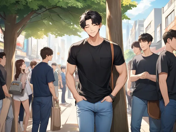 A handsome Korean man lowers his head smiling thinly eyes closed wearing a black t-shirt shirt blue long jeans both hands go into a men's pants pocket, Korean man standing behind a tree Afternoon atmosphere behind a tree there is a crowd of city atmosphere...