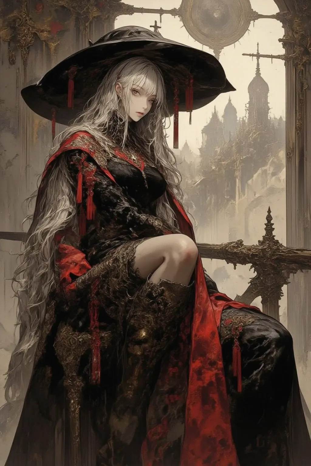 A female hunter sitting cross-legged on an antique chair with armrests,Aria from a clock tower, A Victorian-style hunter outfit with a black and deep red base,  long silver hair(Her long silver hair is tied back)She is holding a sword, the blade of which i...