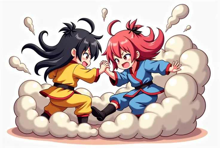 An anime-style illustration depicting kung-fu girls playfully wrestling with each other inside a comical fight cloud.
each kung-fu girl has different colored hair.
their faces,hands,and feet are visible emerging from the cloud as they tussle humorously,  w...