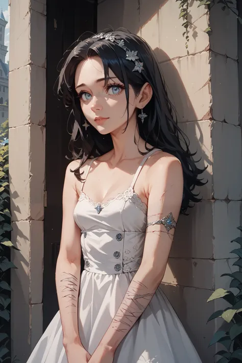 1female, cute dress, dark hair, grey-blue eyes, silver self-harm scars on arms, small breasts, masterpiece, best quality, high resolution