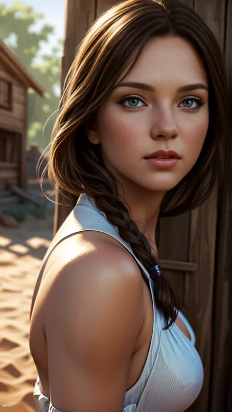  HYPER REALISTIC ONE GIRL IN OLD WEST CLOTHING,  Fantasy Art ,  Photorealistic,  Dynamic Lighting ,  art station ,   highly detailed faces, 4K,  Award-winning ,