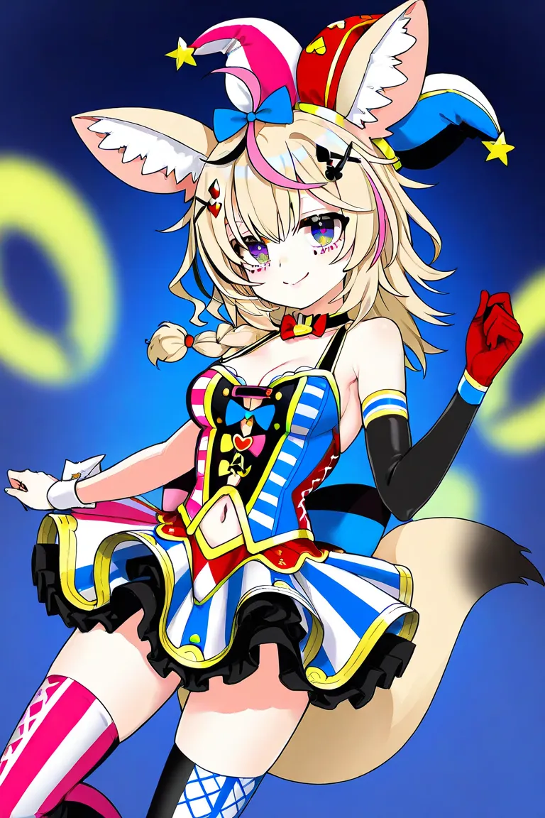 Omaru Polka, 1girl,  fennec ears, hairclip, streaked hair, hair bow, jester cap, fennec tail, thighhighs, navel cutout, mismatched legwear, elbow gloves, single glove, bare shoulders, vertical stripes, skirt, medium breasts, cleavage, smile