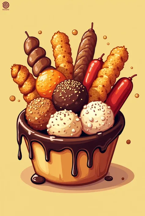 Create me a LOGO of a Pastilas Business shaped like a Filipino street foods (isaw, beta max, kwek-kwek, squid balls, hotdogs,) with chocolate sauce.