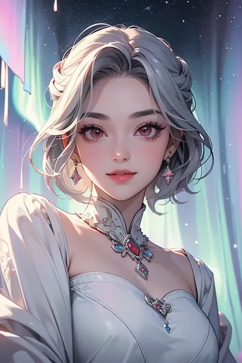 (    top quality,     masterpiece:1.2),     portai    , 最高    masterpiece、    very detailed,     author： Mr.. name:1.37,     fantasy,    Illustration  ,    gray hair、     red eyes、    queen,     white dress   、Platinum decoration、    beautiful、 Eye Shadow ...