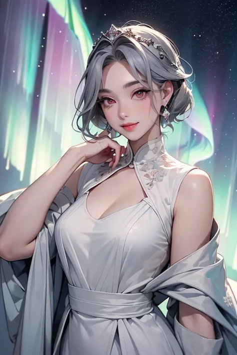 (    top quality,     masterpiece:1.2),     portai    , 最高    masterpiece、    very detailed,     author： Mr.. name:1.37,     fantasy,    Illustration  ,    gray hair、     red eyes、    queen,     white dress   、Platinum decoration、    beautiful、 Eye Shadow ...