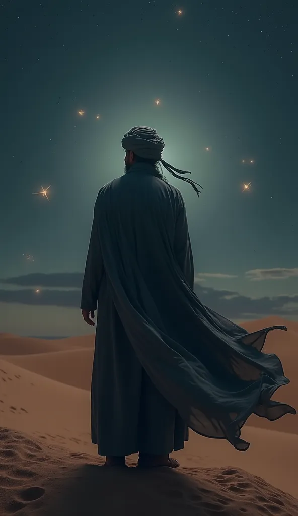 "A mysterious Sufi figure in traditional attire, embodying the essence of wisdom and spirituality, standing in a tranquil desert setting with a dark, expansive sky behind him. The figure is facing away, so no facial features are visible, but his posture ex...