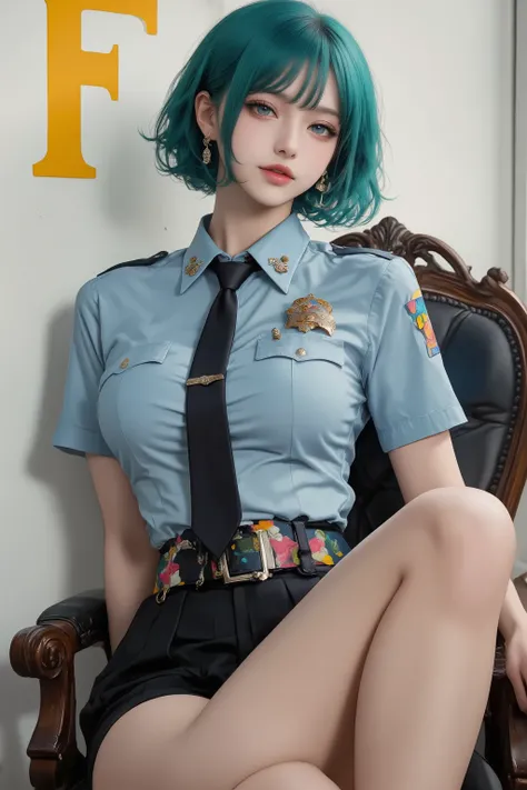 (RAW Photography: 1.2), (Photorealistic: 1.4), (Masterpiece: 1.3), (Highest Quality: 1.4), a very beautiful woman with short, textured teal hair styled in a modern undercut with a colorful hair clip, beautifully detailed face, glowing white skin, captivati...