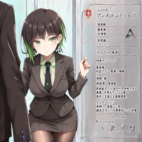 masterpiece, (((( best quality )))),1 girl, Japanese Anime ,character profilele,shiny skin, wearing a black suit,skirt suit, black tie , dark hair, short bob hair,The inner color of the hair is green, green eyes,isosceles triangle earrings, black tights,la...