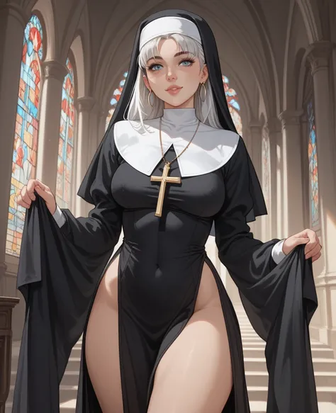 It lasts:  A highly modified nun habit .  It retains a recognizably religious aesthetic ,  but it's significantly revealing .  The fabric is strategically cut and transparent in certain areas,  exposing the skin on your thighs , back and neckline .  long b...