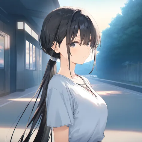 1girl, Breasts, girl,Very beautiful girl, the most beautiful girl in the school, Bang between eyes, girl, School, black hair, emotionless, Short sleeves, Student, Walking, Low ponytail, Street, casual outfit, Young,Very long ponytail, Black hair, black eye...