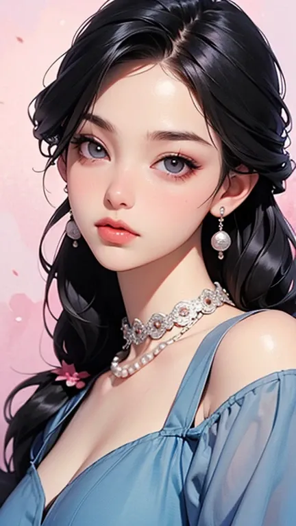 32k, Masterpiece, Top Quality, (Korea's Beautiful Women) Gothic woman portrait, long white braided pigtails, flower hair accessories, pale skin, rosy cheeks, gray eyes, pearl earrings, choker necklace, layered necklaces, black lace gloves, off-shoulder pin...