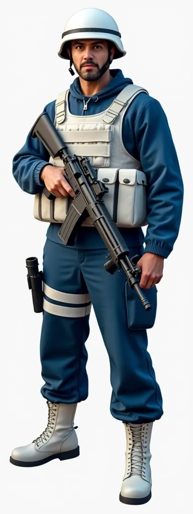 A guy, dressed in a military uniform, Blue jacket , blue pants, white military boots,White tactical vest with ammo pouches and in a white tactical military helmet ,Standing at full height, he is wearing magazine pouches for an assault rifle.in the style of...