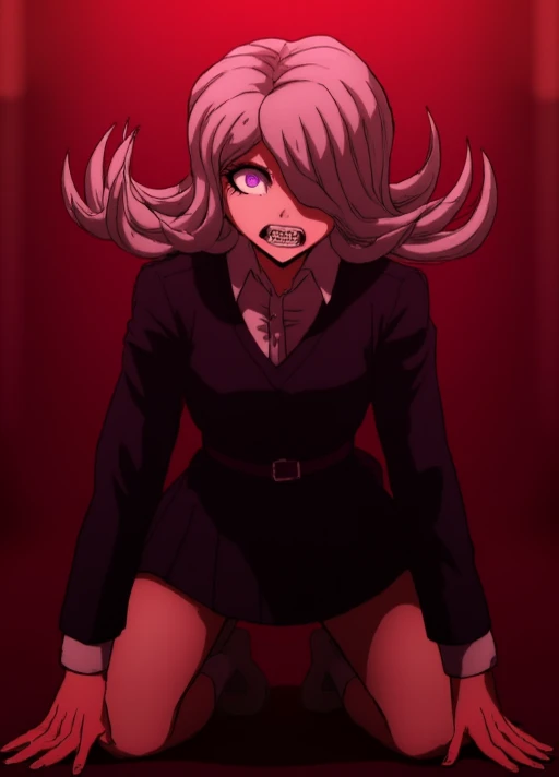   Seiko Kimura in her manic form and her hair is uncurled and flows around her .   wearing her Future Foundation costume  ,   including a dark sweater  ,  white shirt ,   and a dark short skirt raised with a purple belt  . Her hands are wrinkled  .   She h...