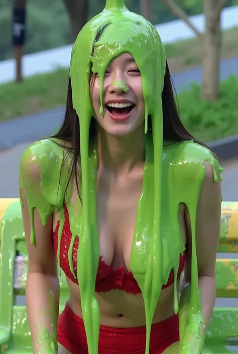 DSLR photograph. Korean college girl covered in green slime. (Photorealistic: 1.4). (Raw photo: 1.2). sitting on park bench. Wearing red lace bra. falling slime. Green slime. Cleavage. 21 years old. screaming. Korean girl. Korean. korean eyes. black hair.