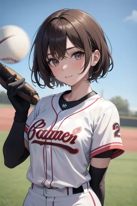 Best quality, masterpiece, high resolution, fine lines, beautiful, one girl, brown hair, short hair, playing softball, white uniform, wearing glove, field, summer day,