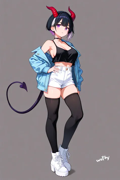 Anime girl with a Side boob tops,Wolfcut hair,demon horns,Trendy Jacket on the waist,a thigh highs with gothy shoes