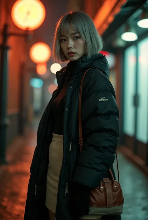 Please describe Miyawaki Sakura, young and beautiful, gray-haired, like a very realistic photo like the one that satisfies all of the prompts below
・Bob cut gray hair and perm with waves at the ends , Miyawaki Sakura's face
・A winter night in a retro city ...