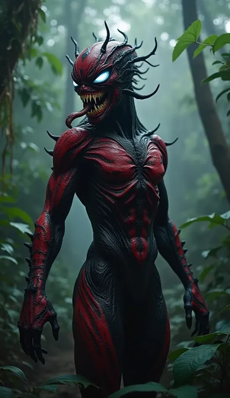 Generate a high-quality 4K image of a terrifying hybrid entity that fuses the traits of a deadly, masked mercenary and a monstrous symbiote. This creature has a sleek yet muscular red-and-black organic body, with swirling black veins pulsing with alien ene...