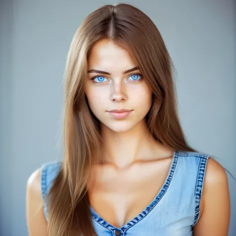 beautiful woman european, 25 years old, light blue eyes, light brown hair, Sultern straight, Focus on V-neck and face, Chest size B , denim clothing