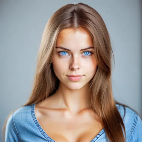 beautiful woman european, 25 years old, light blue eyes, light brown hair, Sultern straight, Focus on V-neck and face, Chest size B , denim clothing