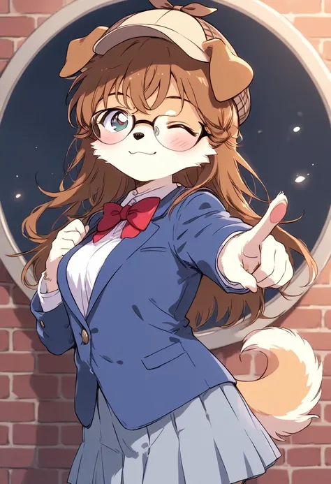 1girl, (dog girl, dog detective:1.2), edogawa conan cosplay, furry female, brown eyes, one eye closed, blush, smiling, dog ears, brown hair, breasts, navy blue jacket, red bowtie, white shirt, gray pleated skirt, eyewear, deerstalker, light particles, cowb...