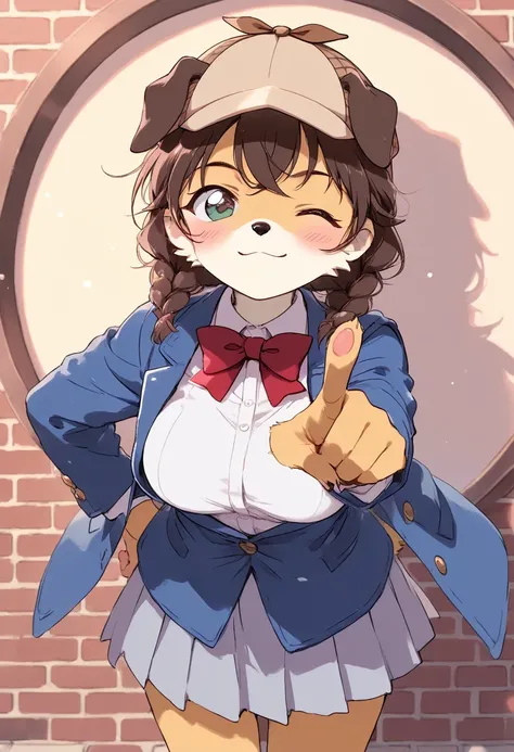 1girl, (dog girl, dog detective:1.2), edogawa conan cosplay, furry female, brown eyes, one eye closed, blush, smiling, dog ears, brown hair, breasts, navy blue jacket, red bowtie, white shirt, gray pleated skirt, eyewear, deerstalker, light particles, cowb...