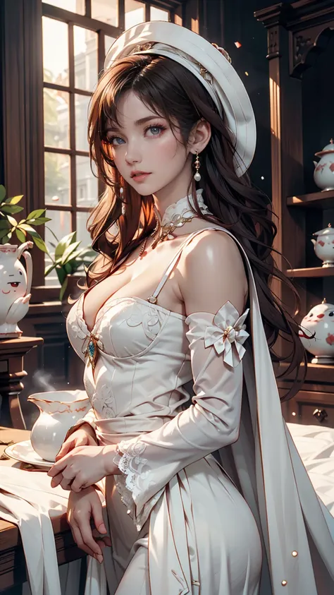  Arabian Woman Wearing a White Hat and Dress with Red Lipstick, pale  Porcelain White Skin , Gwaiz, Gwaiz masterpiece, artwork in the style of Gwaiz,  soft portrait shot 8k ,   Pale Ghost Girl  ,  Porcelain White Skin ,  by Russell Dongjun Lou ,   pale mil...