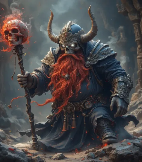 A dwarf who fights against God、（ fat  、 short）、Commonly known as red beard、Angry Lion、Necromancer、Skull Staff、 black robe 、A helmet in the shape of a horned skull、cloudy white eyes、 short limbs、Thick limbs、Villain、Red Beard 、A strong body、My body is full o...