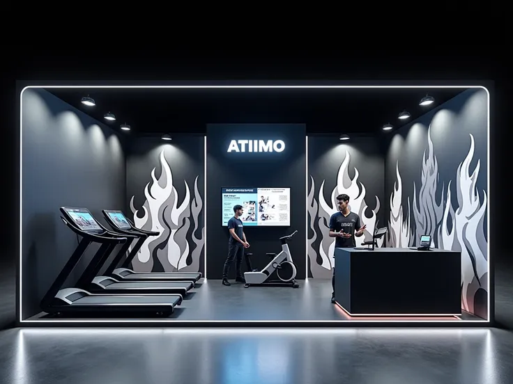 A modern and futuristic fitness exhibition booth with a bold design featuring black and white flame theme. The booth has a sleek black background with stylized patterns of white and gray flames rising along the walls. The 'ATIIMO' logo is prominently lit i...