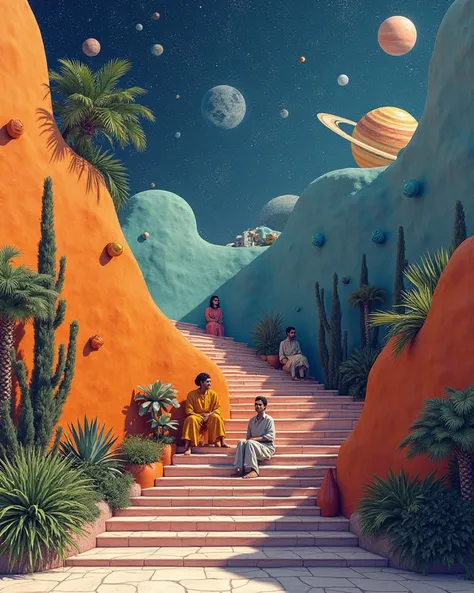 People sitting seperately on a set of stairs next to a garden with a view of the stars and planets, fantasy-painted walls, creating three dimensional shadowing, celestial garden, photographer art wolfe, by Shekhar Gurera, strong contrasting shadows, two po...