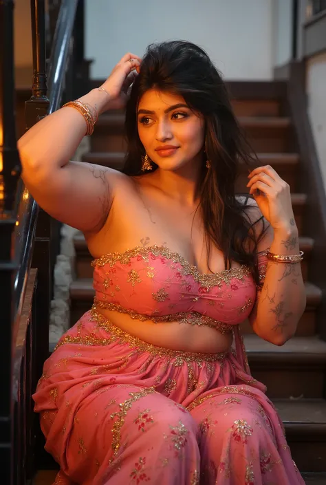 an Indian girl sitting on staircase, (wearing strapless off Shoulder sleeveless Salvar)++, Salwar, (strapless, bare arms, bare shoulders:8), short hair, navel, highly detailed face, detailed skin texture, curvy hourglass figure, busty, big, sensual pose, s...