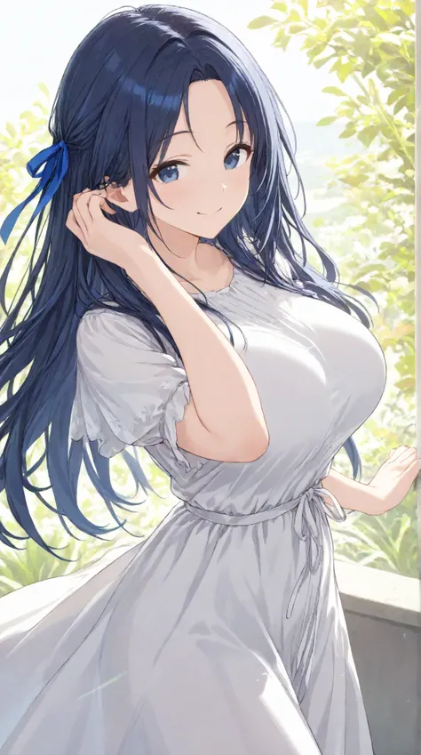 Big Breasts,   long hair,   black hair , bangs,    ,  smile,  ,  smiles,   , （One girl 1.5）, blue hair ribbon、（ 1.5）solo、white dress