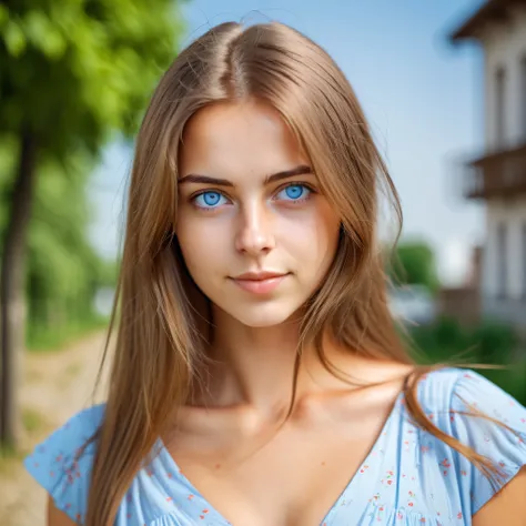beautiful woman european, 25 years old, light blue eyes, light brown hair, Sultern straight, Focus on V-neck and face, Chest size B , summer dress