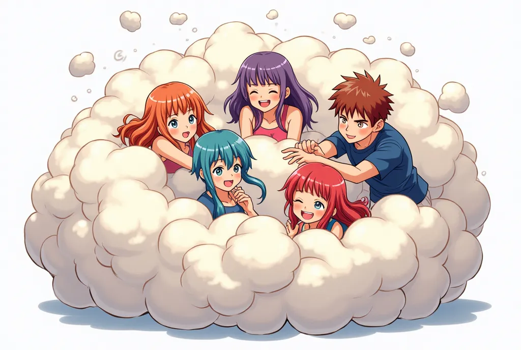 An anime-style illustration depicting girls and boys playfully wrestling with each other inside a comical fight cloud.
each girls and boy has different colored hair.
their faces,hands,and feet are visible emerging from the cloud as they tussle humorously, ...