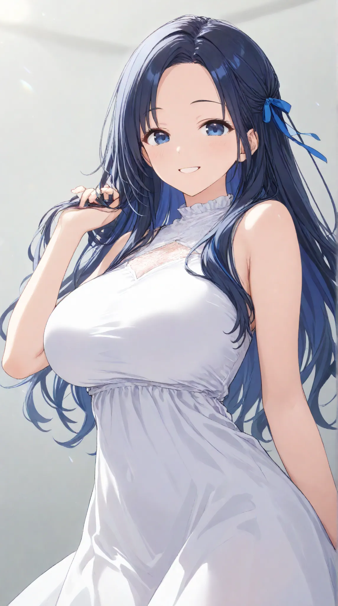 Big Breasts,   long hair,   black hair , bangs,    ,  smile,  ,  smiles,   , （One girl 1.5）, blue hair ribbon、（ 1.5）solo、white dress