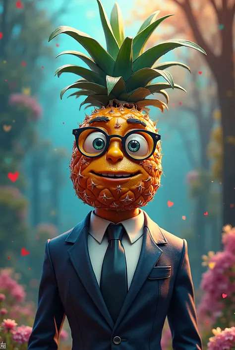 An animated psychedelic pineapple in a suit , dark tie and glasses