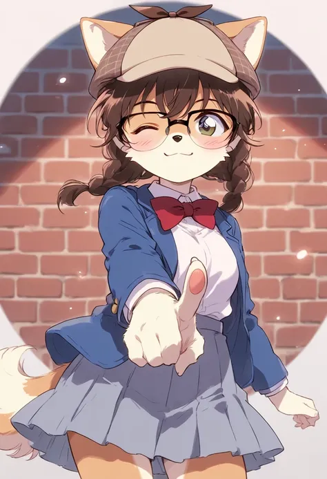 1girl, (dog girl, dog detective:1.2), edogawa conan cosplay, furry female, brown eyes, one eye closed, blush, smiling, dog ears, brown hair, breasts, navy blue jacket, red bowtie, white shirt, gray pleated skirt, eyewear, deerstalker, light particles, cowb...