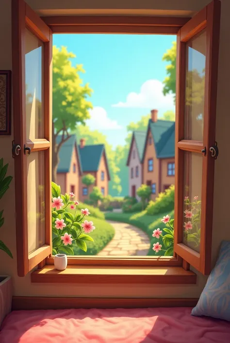 Close-up of a cartoon half-open window in a cozy room,  you can see a garden outside the window, then town houses