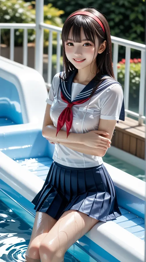 (((  a girl is sliding on a water slider ))), ((( I'm playing with a water slider  ))), ((( she's sliding down in a water slide )))、 large close-up shot   ,  mouth、White teeth、 smiling girl、  fun face、break (((  wet uniform、   Tight Small Breasts  、Separat...