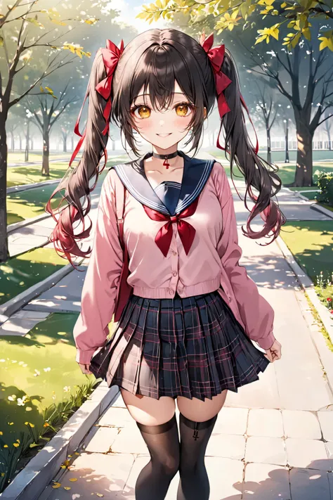  masterpiece,  top quality,  high res, HS1,  red eyes,  yellow eyes,  twin tails,  hair bow,  Long Sleeve,  red ribbon,   pink cardigan,  black knee-highs,   plaid skirt,  Red Ribbon,   BLACK CHOKER,  garter strap,  school uniform,  outdoors,  was taken by...