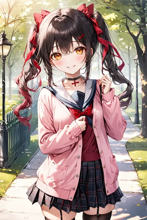  masterpiece,  top quality,  high res, HS1,  red eyes,  yellow eyes,  twin tails,  hair bow,  Long Sleeve,  red ribbon,   pink cardigan,  black knee-highs,   plaid skirt,  Red Ribbon,   BLACK CHOKER,  garter strap,  school uniform,  outdoors,  was taken by...