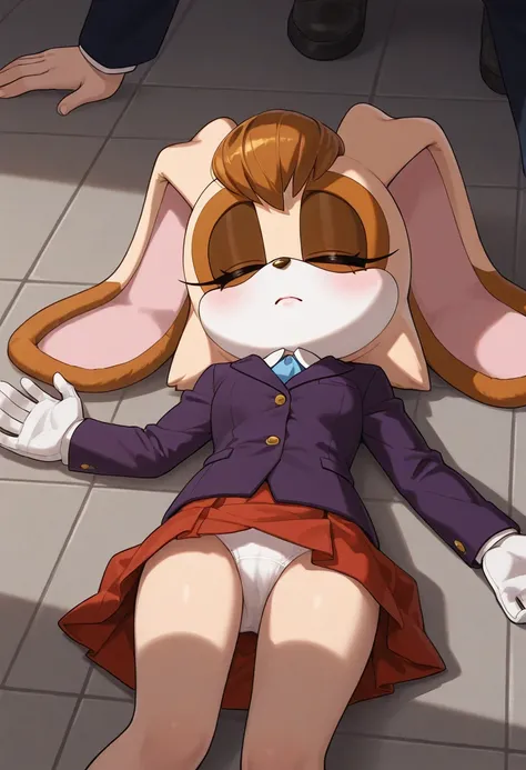 Vanilla The Rabbit, a beautiful woman dressed in a uniform laying on the floor with an open hand behind her back, underwear, panties, skirt, unconscious, lying, white panties, on back, jacket, brown hair, long sleeves, red skirt, solo focus, closed eyes