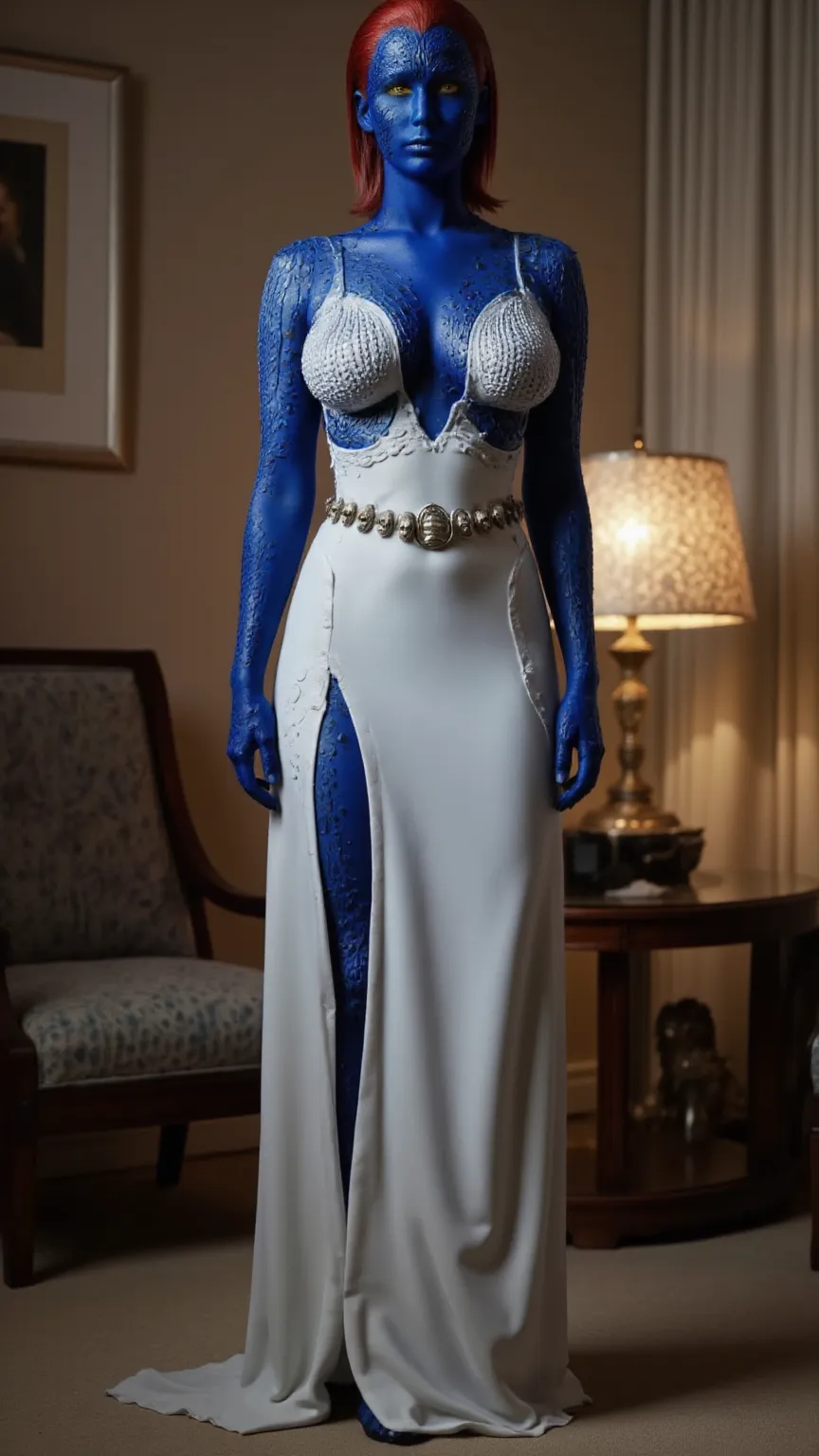 a mystic,  skin color blue , in a formal white dress, with a belt of many skulls,  slim ,  with high heels, in a hotel room ,  in full height,  seductive,  high resolution,  best quality,  high detail,  slim  фигура,  in detail, HD model,  Ultra high defin...