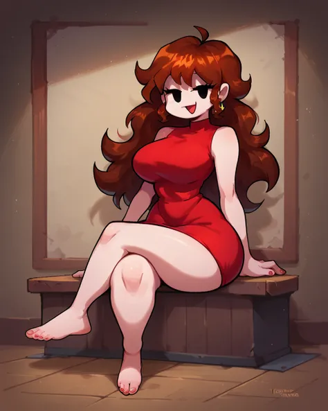  score _9,  score _8_arriba,  score _7_arriba, 1 girl, Alone , GF FNF,  brown hair,  black eyes,  red dress, tacones altos,  sitting ,  with crossed legs , happy,  feet from the bottom,  detailed background ,  indoors,  big breasts, He's clutching her brea...