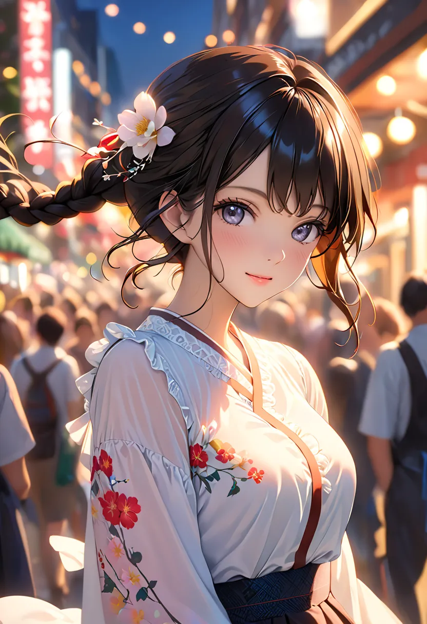  top quality,  Photorealistic, 1peopleの女の子, woman,(  skindentation ),  medium bust, ( bright), ( professional lighting, Bokeh), (street), people々, crowd,  braided bangs , ( blouse:1.5), (portrait:0.8), nice, bloom,  floating hair , ( dynamic pose where you...