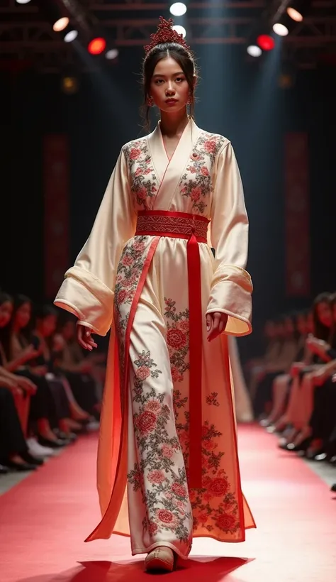 "A striking contestant from Taiwan walks confidently down the runway in a traditional yet modernized cultural outfit. Her attire blends rich Taiwanese heritage with contemporary fashion, featuring intricate embroidery and elegant fabric. She has a captivat...