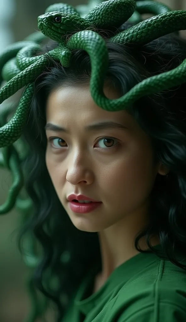  ultra-realistic depiction of Medusa , ひびの入った石の柱とかすかに光る彫刻in飾られた恐ろしい力 .  her gaze is sharp and enchanting ,   Charm and sense of danger clinging to her  .   Her striking features 、High cheekbones , Shining emerald eyes,   and her lips are faintly curled  , ...