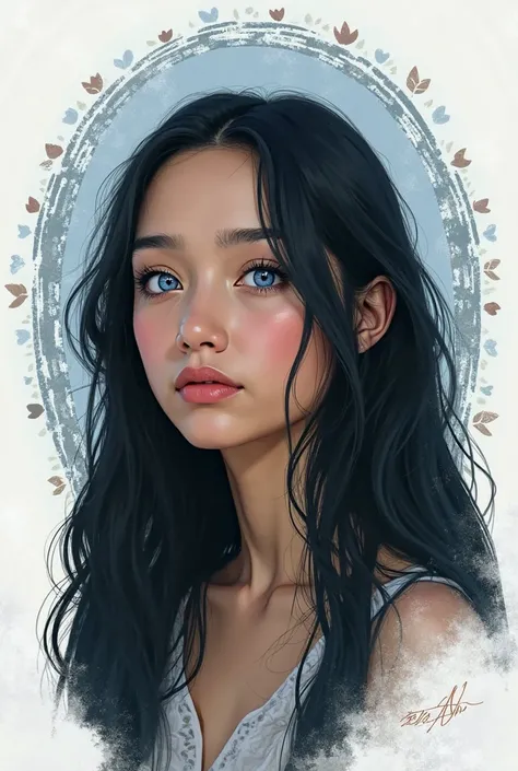  white,  blue eyes,  Long black hair , rounded face, Indigenous traits ,  drawing shape for book 